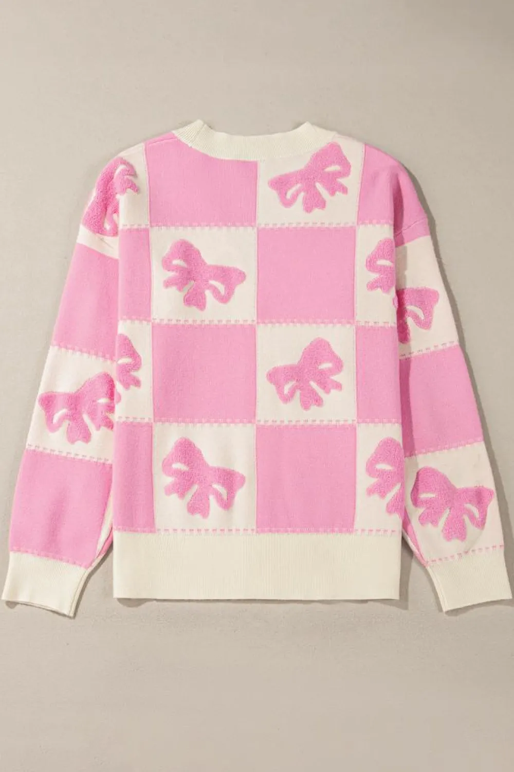 Fashion Dear-Lover Bowknot Checkered Pattern V Neck Drop Shoulder Button Up Cardigan Pink