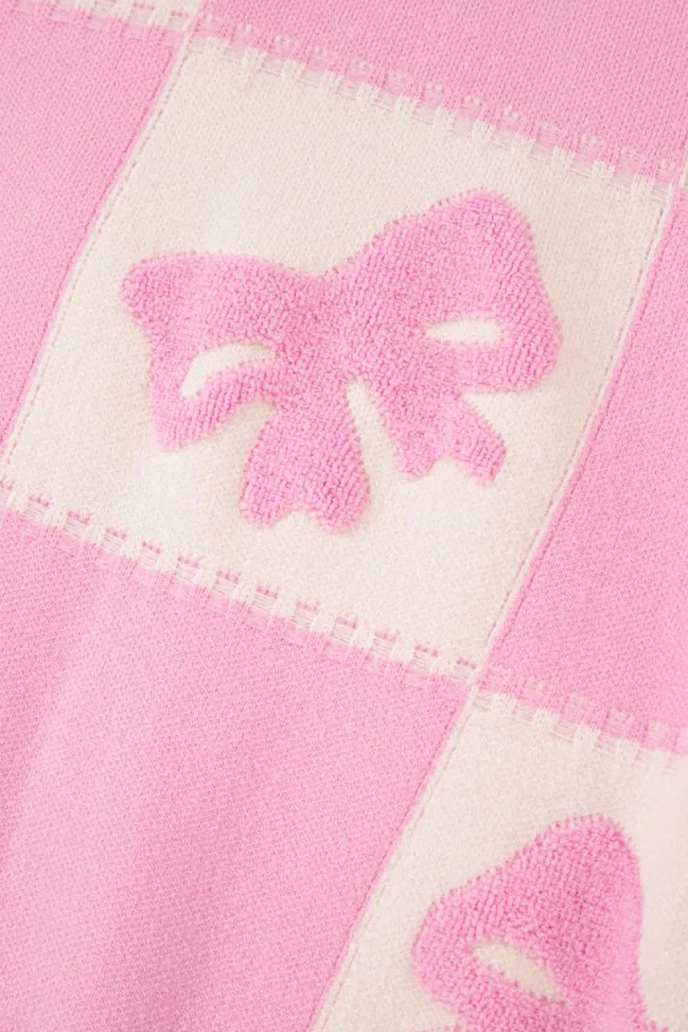 Fashion Dear-Lover Bowknot Checkered Pattern V Neck Drop Shoulder Button Up Cardigan Pink