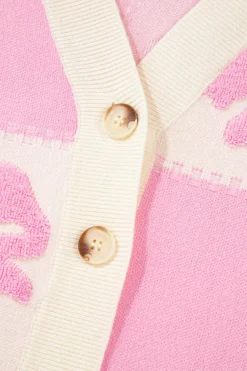 Fashion Dear-Lover Bowknot Checkered Pattern V Neck Drop Shoulder Button Up Cardigan Pink