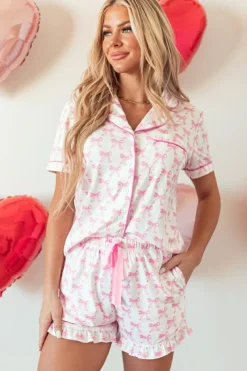 Sale Dear-Lover Bowknot Printed Short Sleeve and Ruffled Shorts Pajama Set Pink