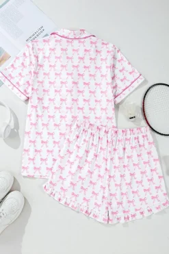 Sale Dear-Lover Bowknot Printed Short Sleeve and Ruffled Shorts Pajama Set Pink