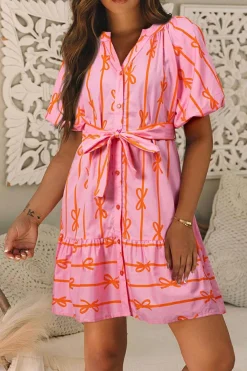 Discount Dear-Lover Bowknot Striped Printed Bubble Sleeve Buttoned Belted Mini Dress Pink