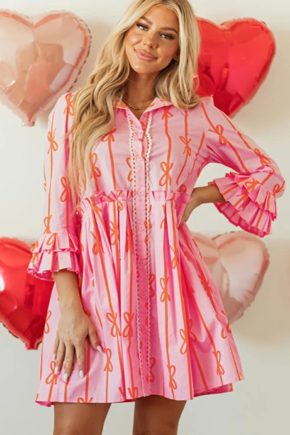 Hot Dear-Lover Bowknot Striped Printed Tiered Ruffled Mini Shirt Dress Pink