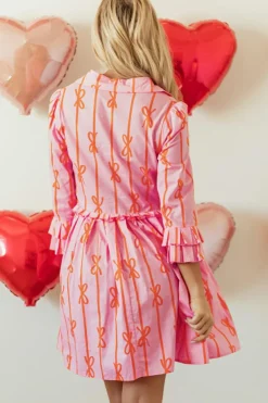 Hot Dear-Lover Bowknot Striped Printed Tiered Ruffled Mini Shirt Dress Pink