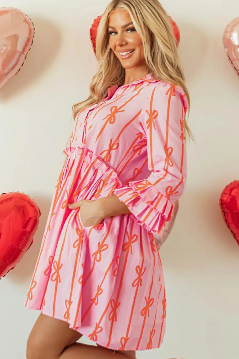 Hot Dear-Lover Bowknot Striped Printed Tiered Ruffled Mini Shirt Dress Pink