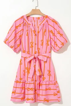 Discount Dear-Lover Bowknot Striped Printed Bubble Sleeve Buttoned Belted Mini Dress Pink
