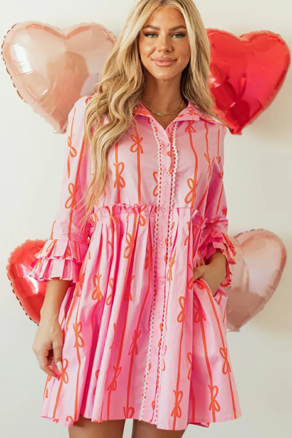 Hot Dear-Lover Bowknot Striped Printed Tiered Ruffled Mini Shirt Dress Pink