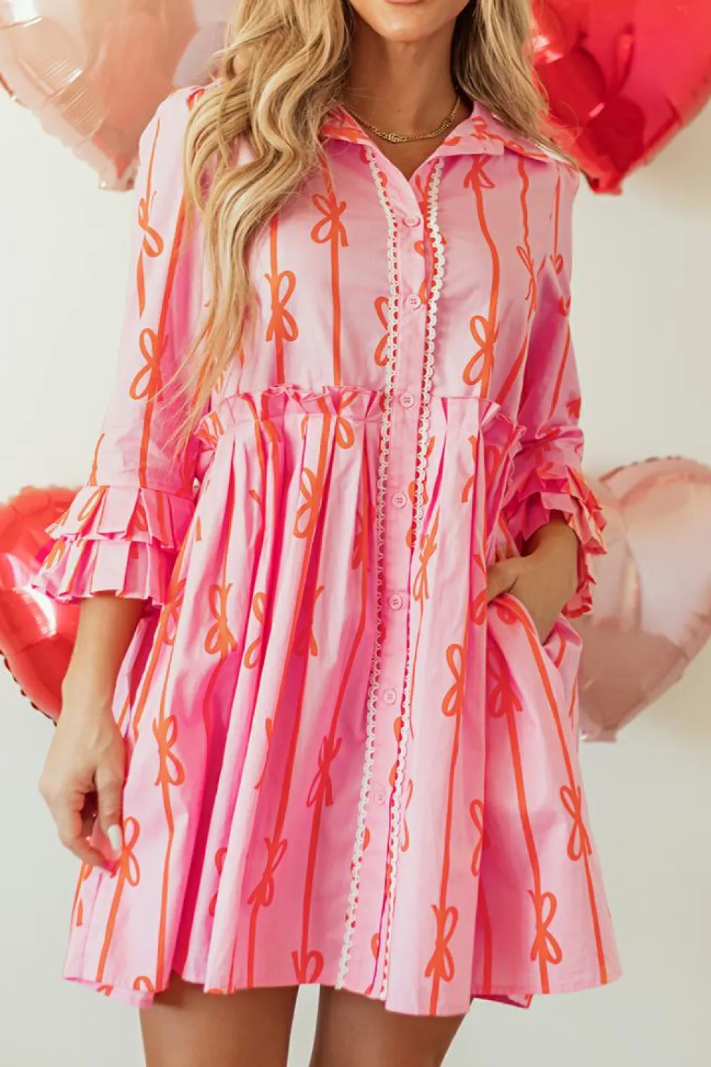 Hot Dear-Lover Bowknot Striped Printed Tiered Ruffled Mini Shirt Dress Pink