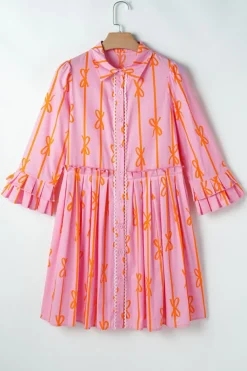 Hot Dear-Lover Bowknot Striped Printed Tiered Ruffled Mini Shirt Dress Pink