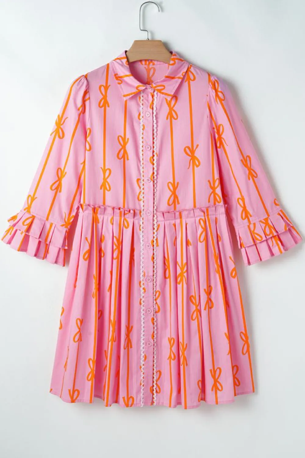 Hot Dear-Lover Bowknot Striped Printed Tiered Ruffled Mini Shirt Dress Pink