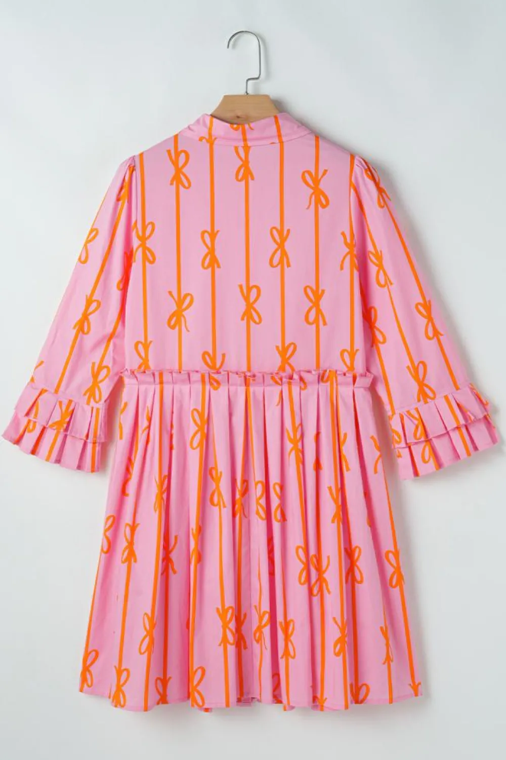 Hot Dear-Lover Bowknot Striped Printed Tiered Ruffled Mini Shirt Dress Pink
