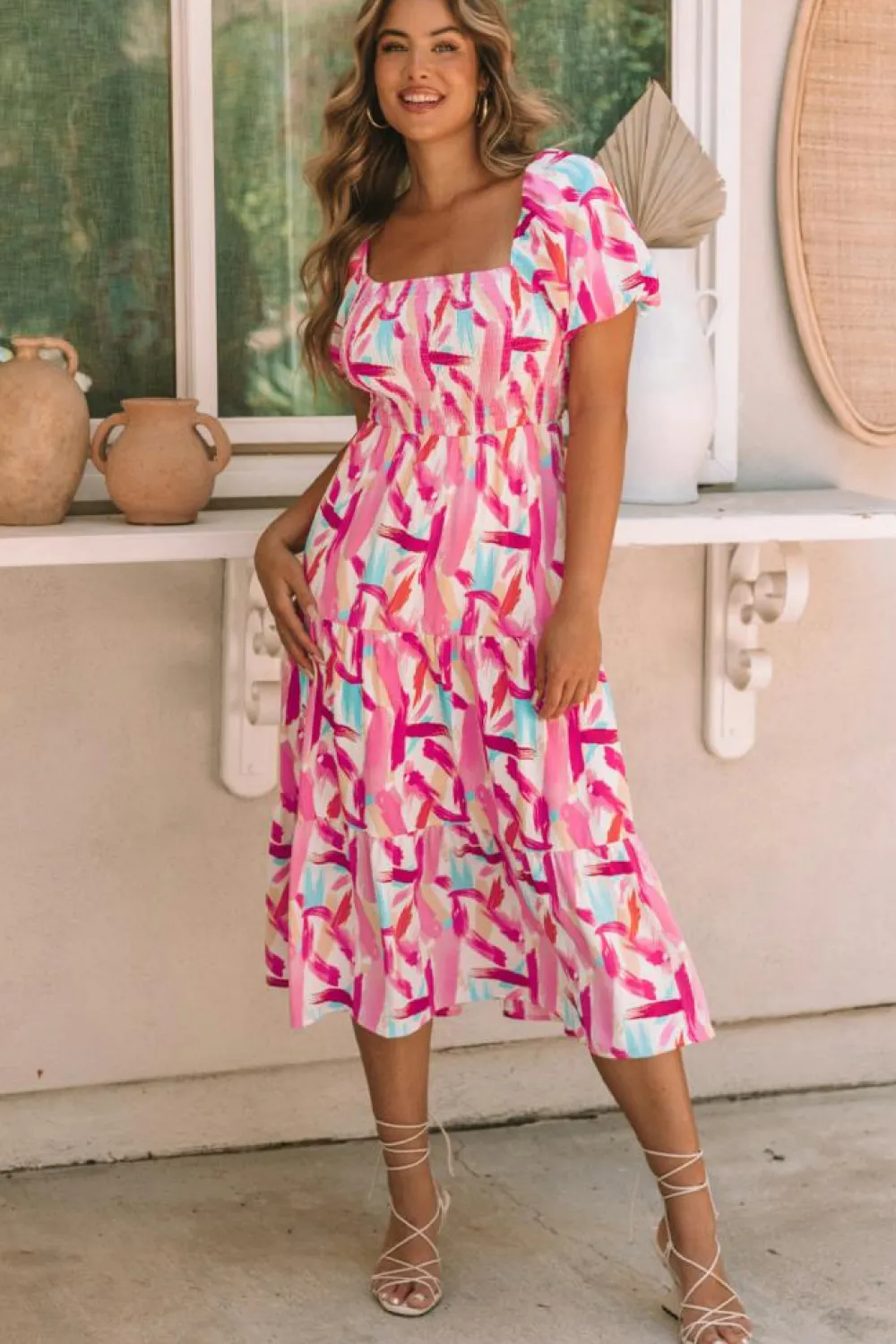 Sale Dear-Lover Brush Stroke Printed Smocked Ruffle Tiered Dress Pink