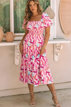 Sale Dear-Lover Brush Stroke Printed Smocked Ruffle Tiered Dress Pink