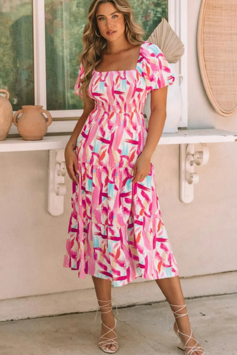 Sale Dear-Lover Brush Stroke Printed Smocked Ruffle Tiered Dress Pink