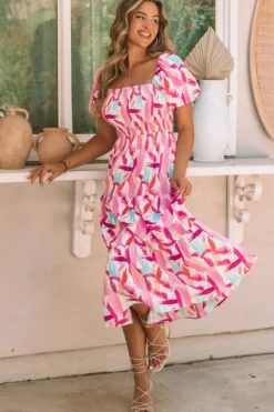 Sale Dear-Lover Brush Stroke Printed Smocked Ruffle Tiered Dress Pink