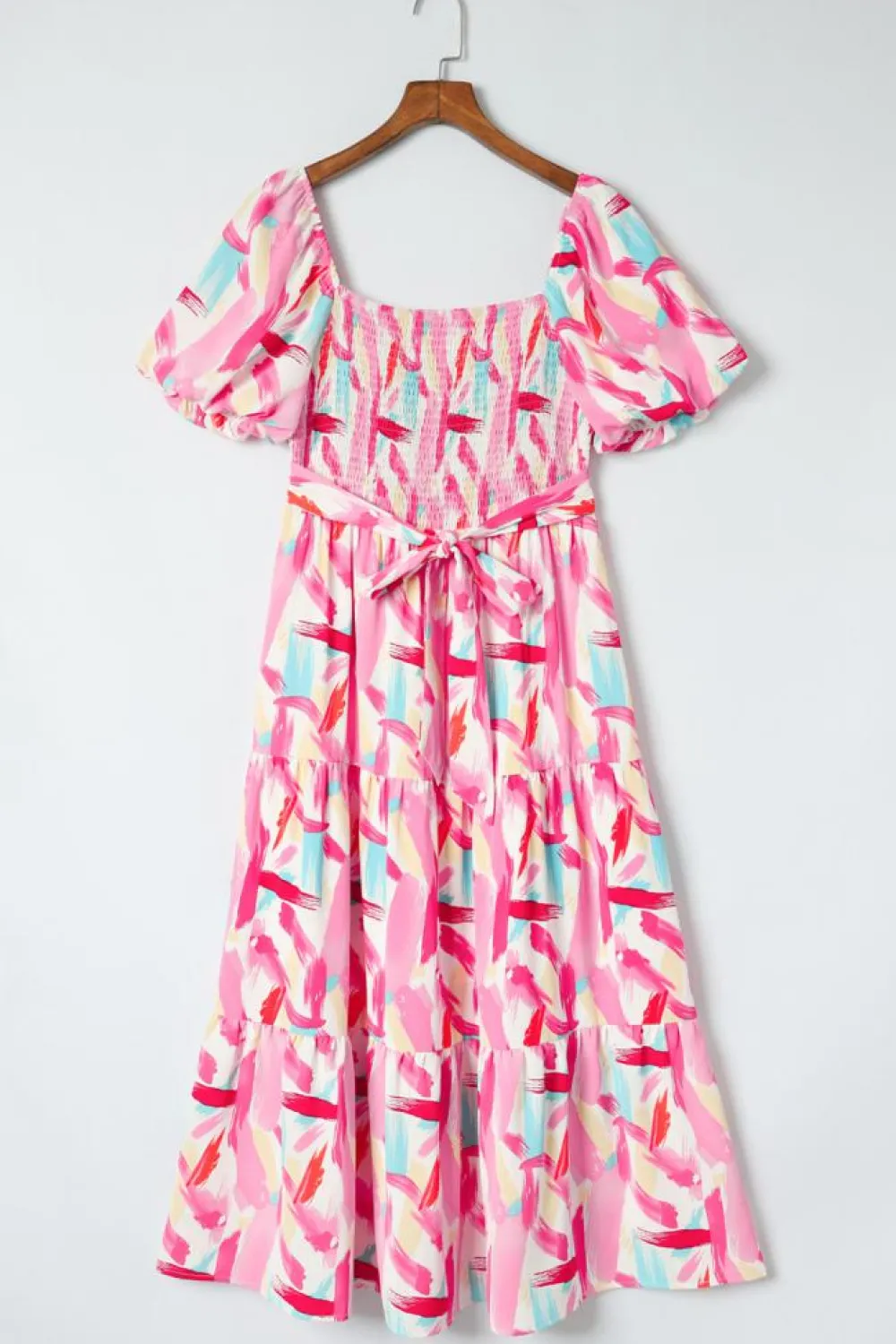 Sale Dear-Lover Brush Stroke Printed Smocked Ruffle Tiered Dress Pink