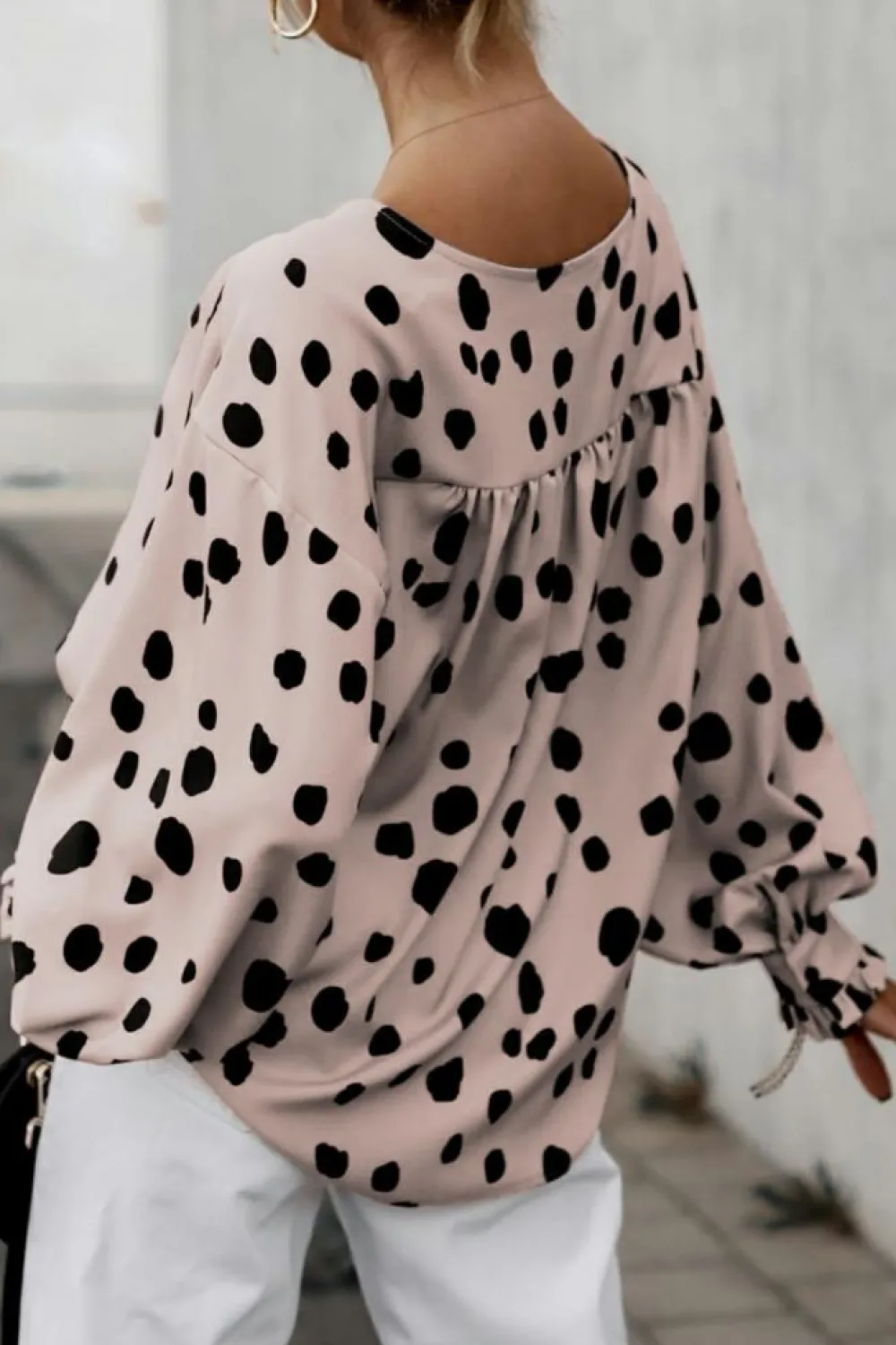 Fashion Dear-Lover Button Frill Cuffs Oversize Puff Sleeve Blouse Pink