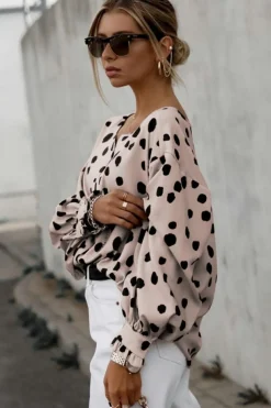 Fashion Dear-Lover Button Frill Cuffs Oversize Puff Sleeve Blouse Pink