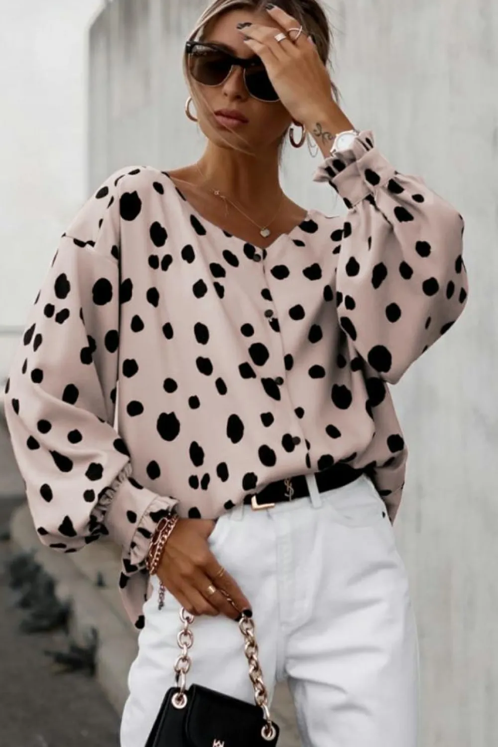 Fashion Dear-Lover Button Frill Cuffs Oversize Puff Sleeve Blouse Pink