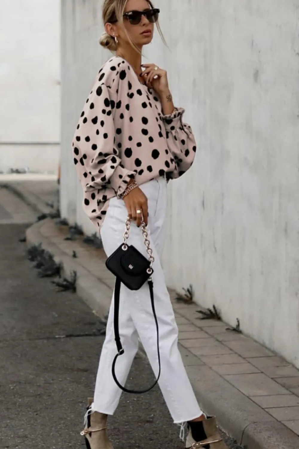 Fashion Dear-Lover Button Frill Cuffs Oversize Puff Sleeve Blouse Pink