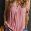 Discount Dear-Lover Button Split Neck Ruffled Trim Tank Top Pink