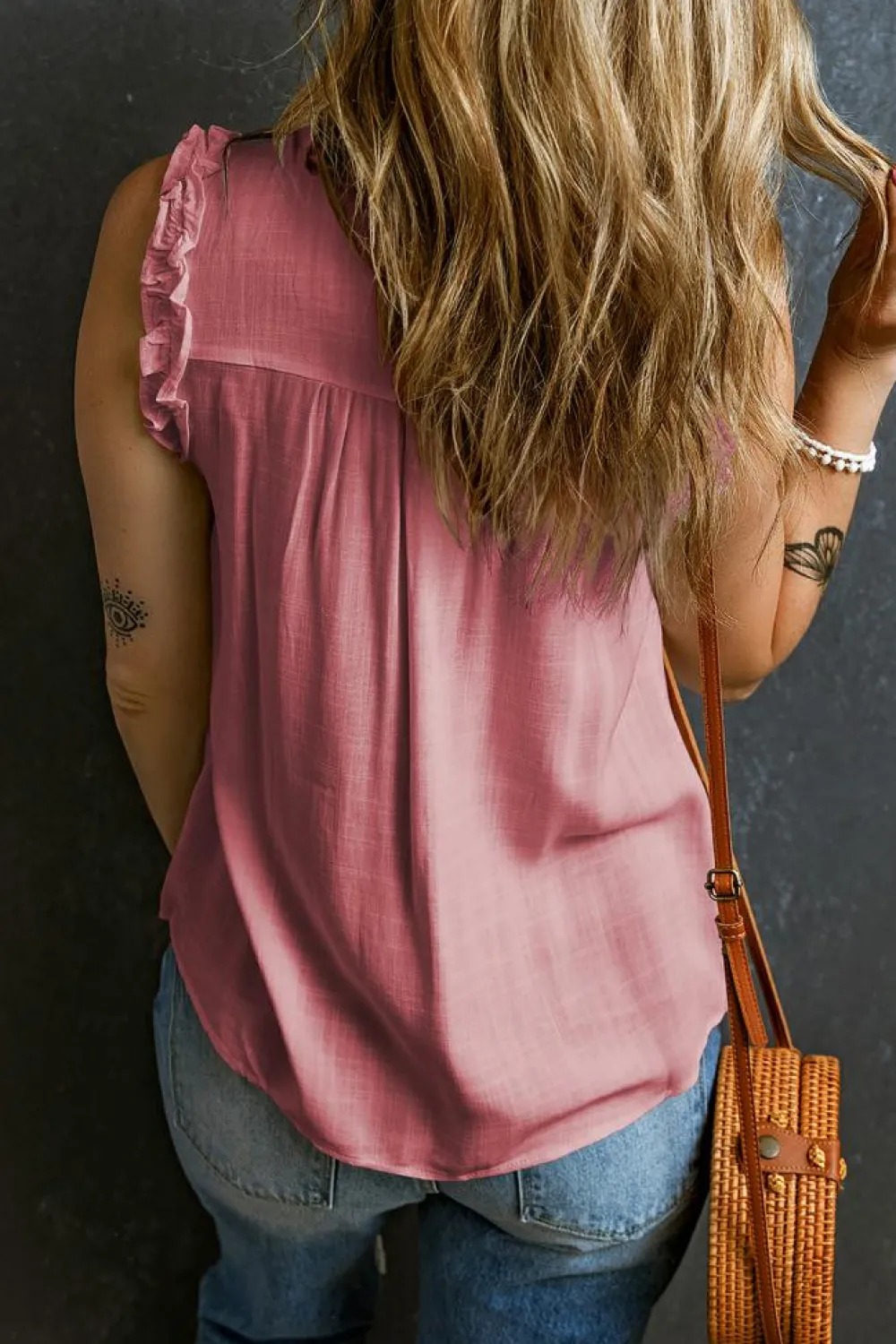Discount Dear-Lover Button Split Neck Ruffled Trim Tank Top Pink