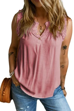 Discount Dear-Lover Button Split Neck Ruffled Trim Tank Top Pink