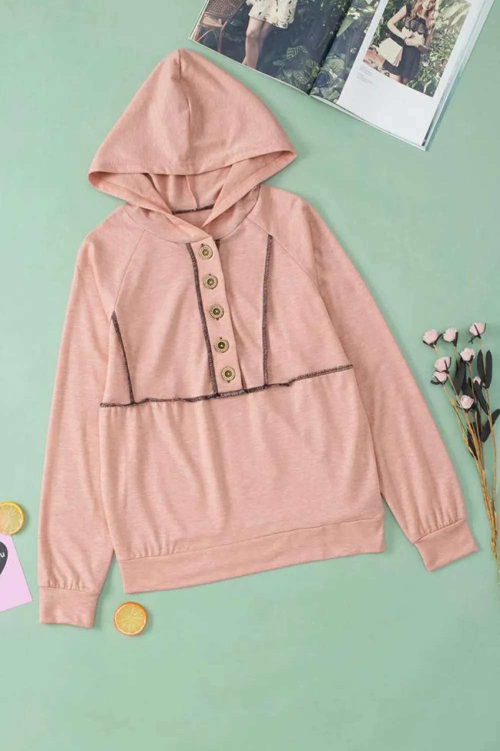 Best Dear-Lover Buttons Front Princess Line Out Seam Hoodie Pink