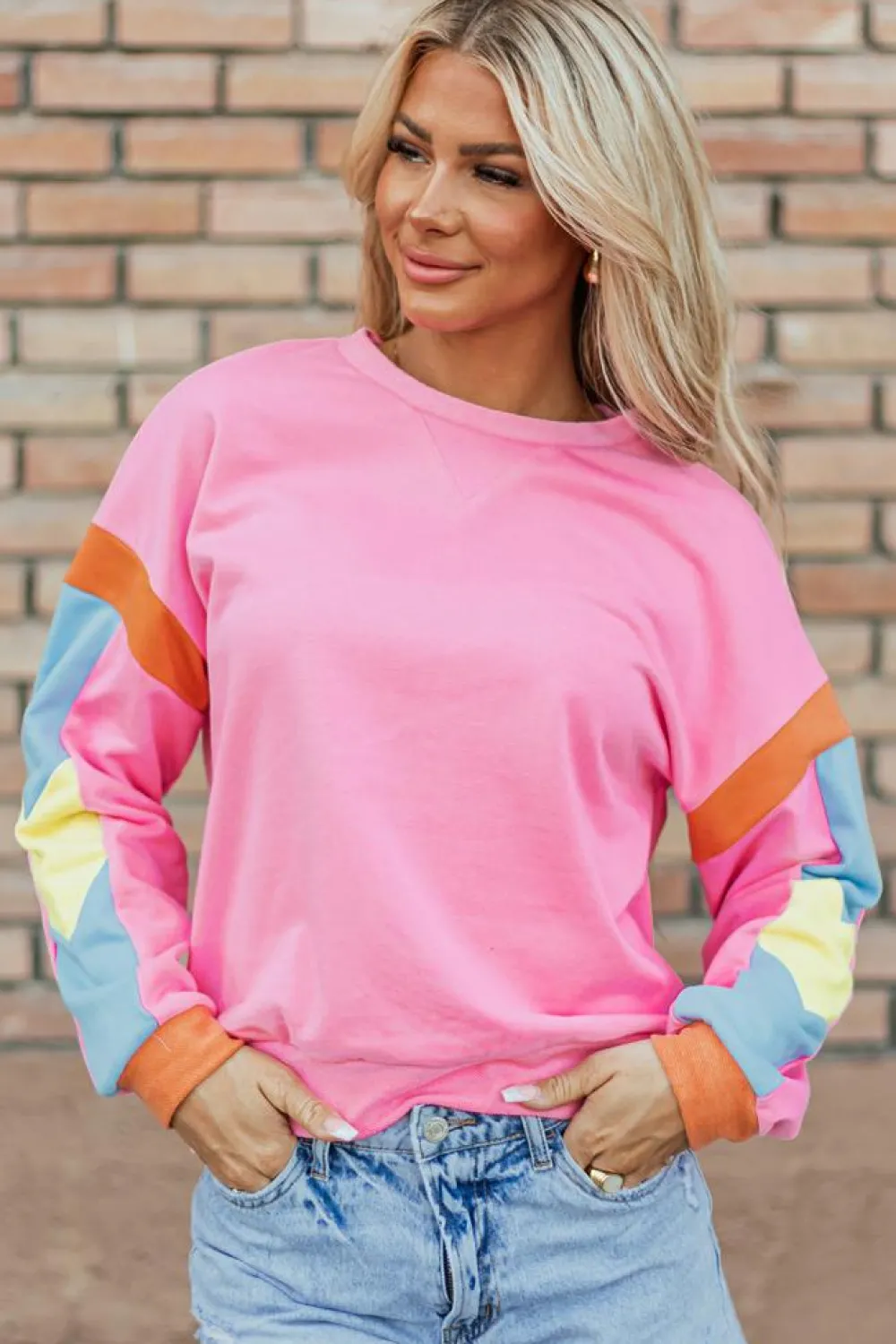 New Dear-Lover Candy Colorblock French Terry Top Pink