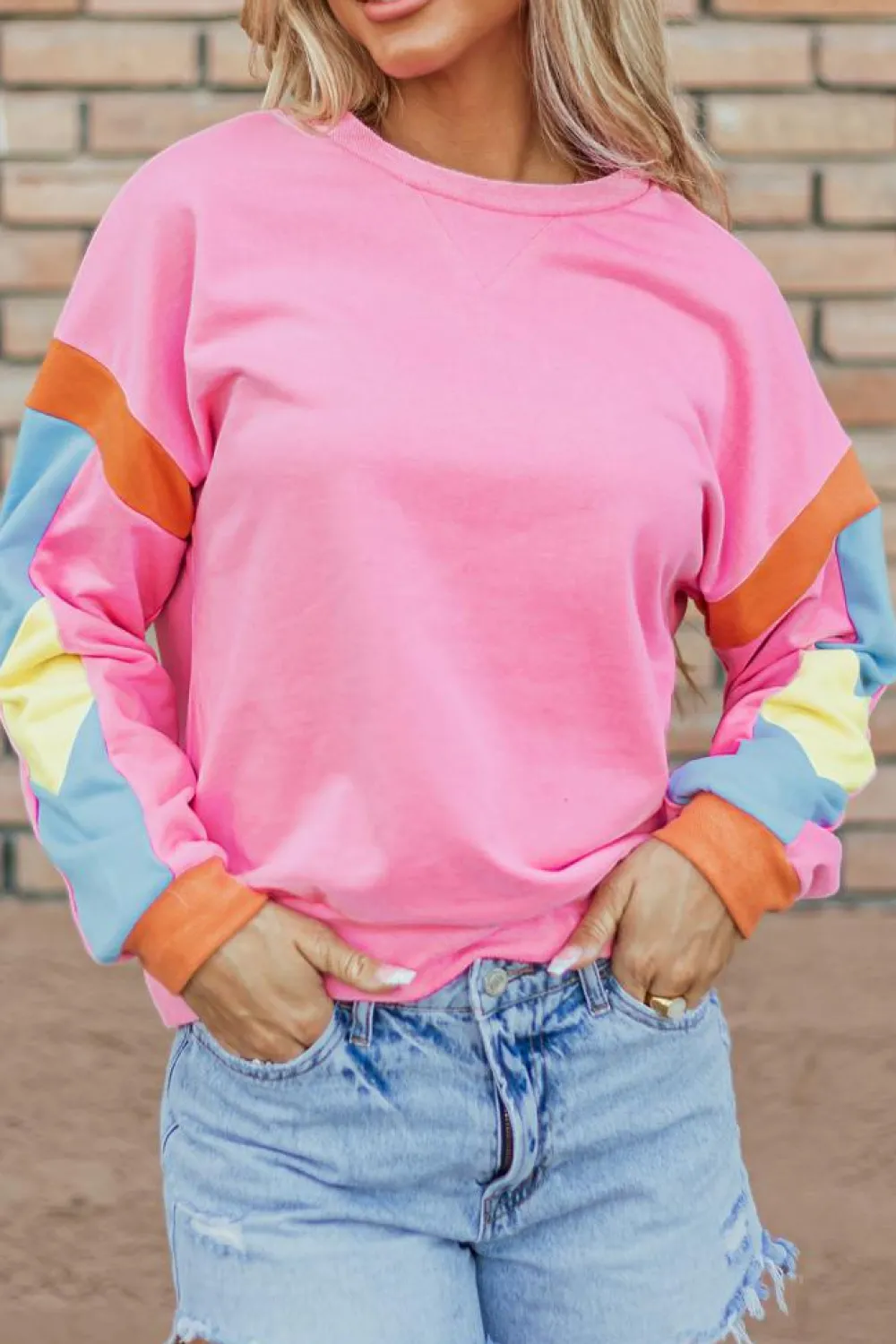 New Dear-Lover Candy Colorblock French Terry Top Pink