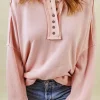Best Dear-Lover Casual Button Solid Patchwork Trim Hoodie Pink