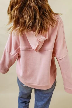 Best Dear-Lover Casual Button Solid Patchwork Trim Hoodie Pink