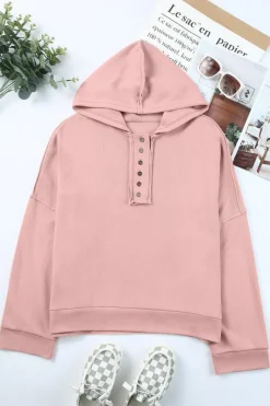 Best Dear-Lover Casual Button Solid Patchwork Trim Hoodie Pink