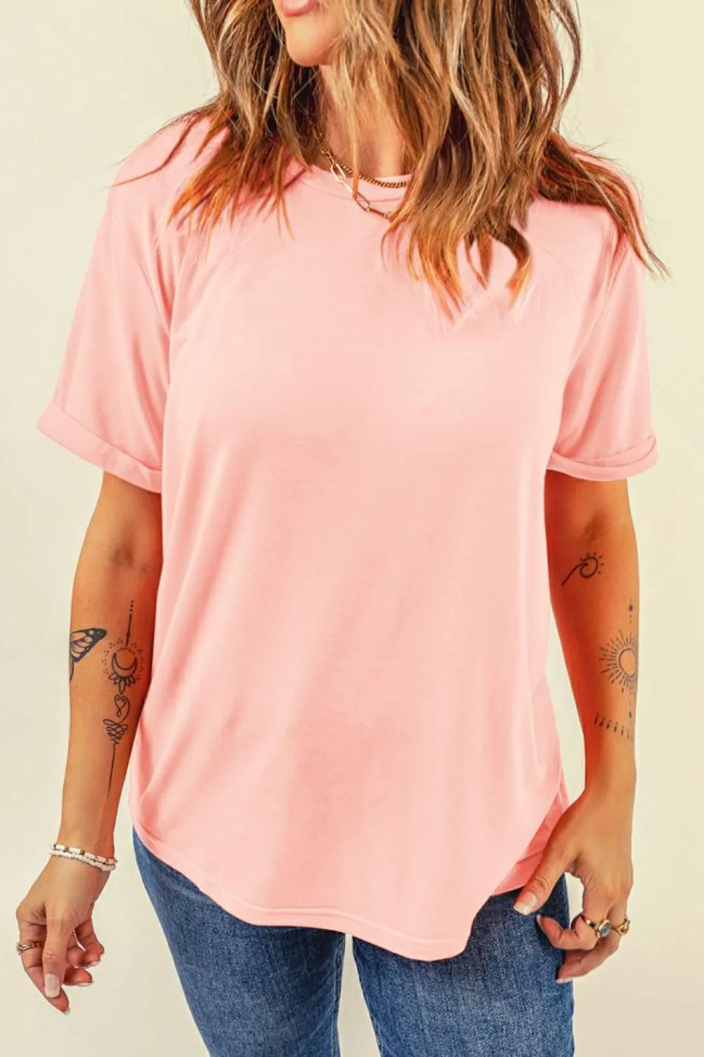 Online Dear-Lover Casual Plain Crew Neck Tee Pink