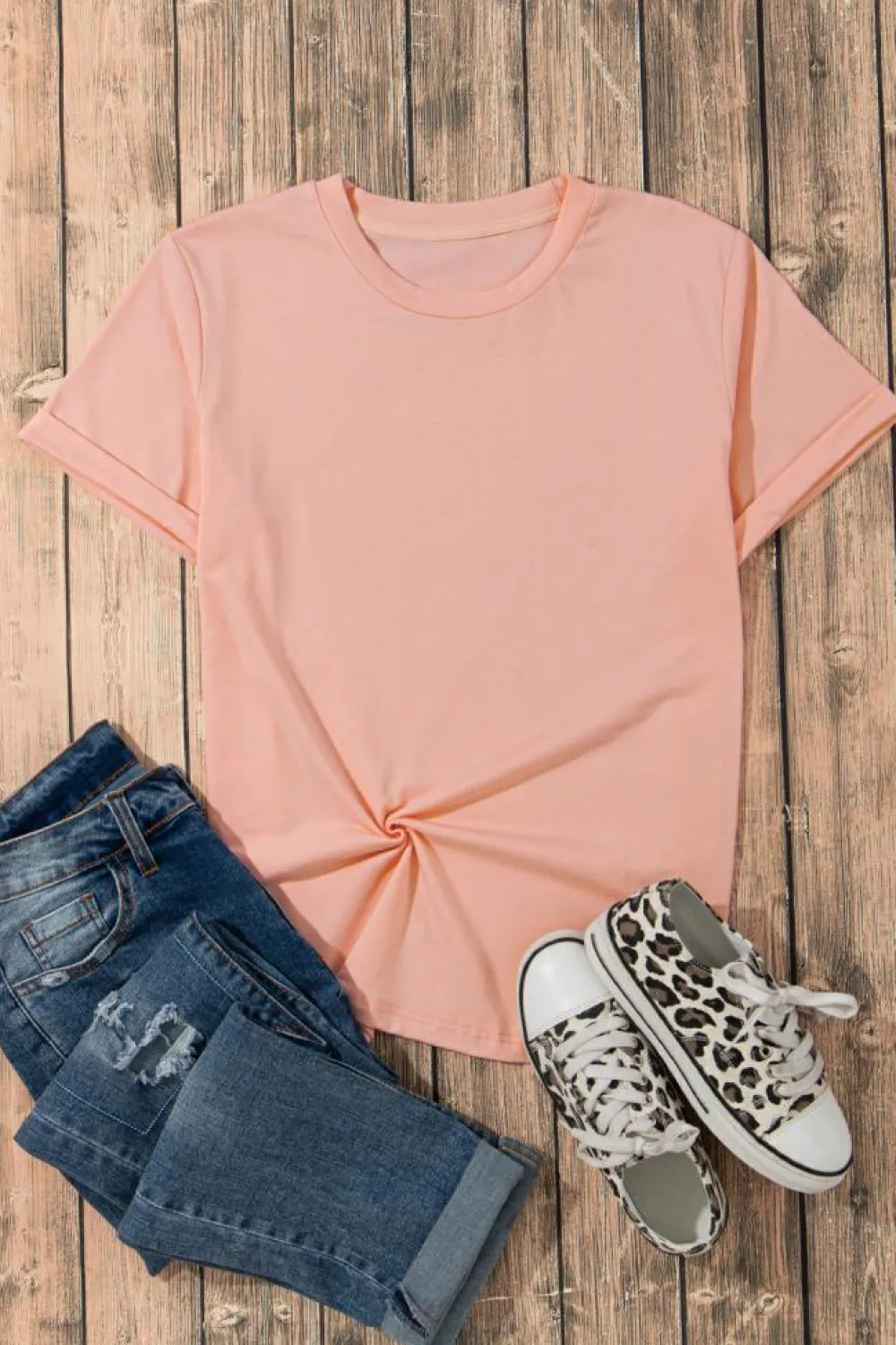 Online Dear-Lover Casual Plain Crew Neck Tee Pink