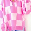 Hot Dear-Lover Checkerboard Half Button Collared Drop Shoulder Sweater Pink