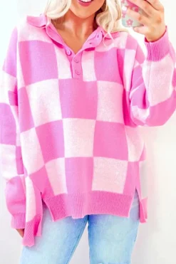 Hot Dear-Lover Checkerboard Half Button Collared Drop Shoulder Sweater Pink