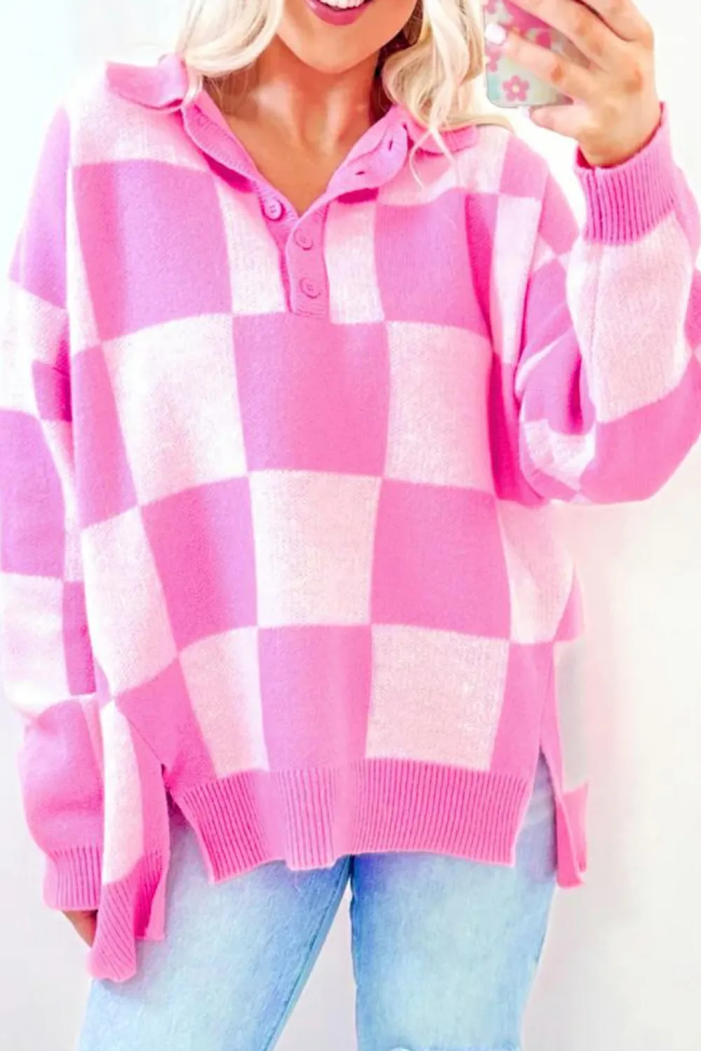 Hot Dear-Lover Checkerboard Half Button Collared Drop Shoulder Sweater Pink