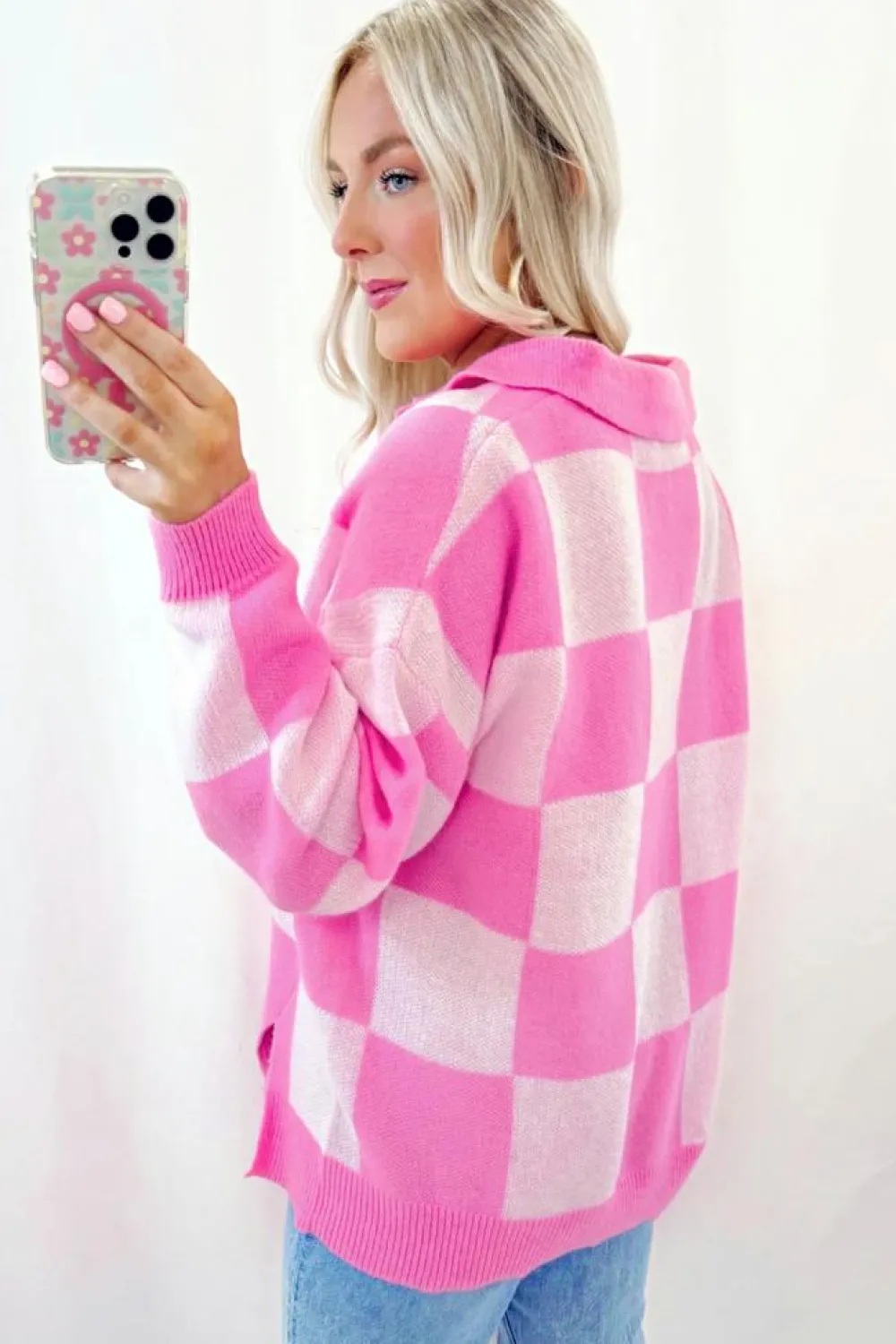 Hot Dear-Lover Checkerboard Half Button Collared Drop Shoulder Sweater Pink