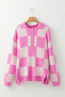 Hot Dear-Lover Checkerboard Half Button Collared Drop Shoulder Sweater Pink