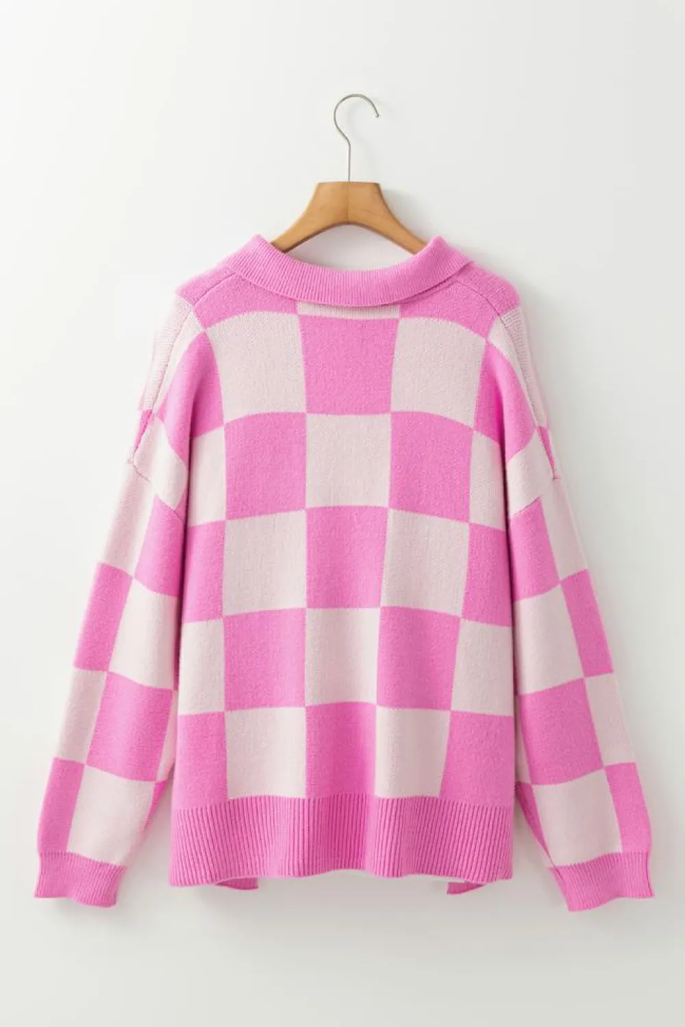 Hot Dear-Lover Checkerboard Half Button Collared Drop Shoulder Sweater Pink