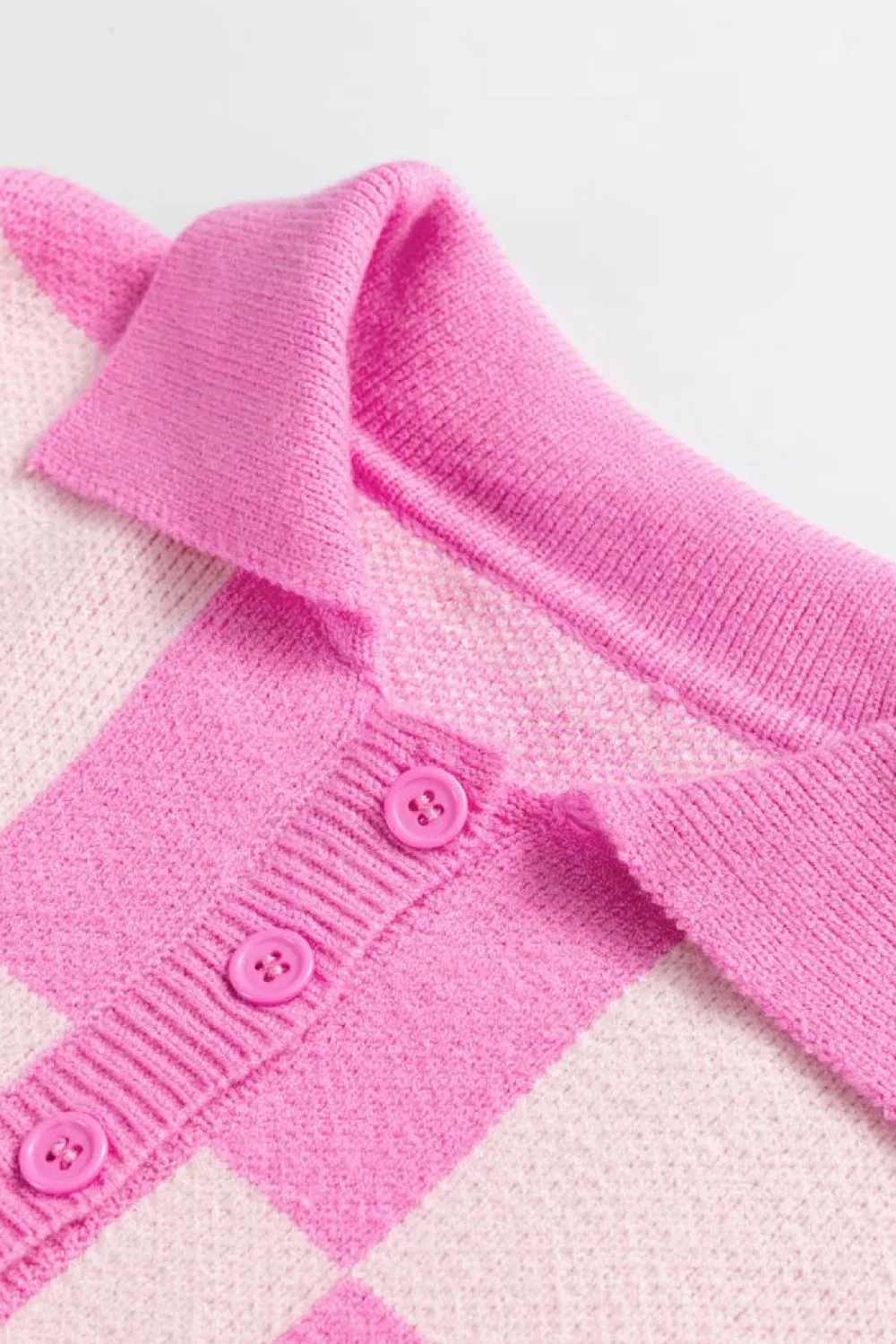 Hot Dear-Lover Checkerboard Half Button Collared Drop Shoulder Sweater Pink
