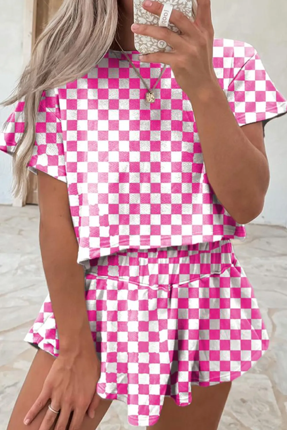 New Dear-Lover Checkerboard T Shirt and High Waist Skorts 2 Piece Outfit Pink