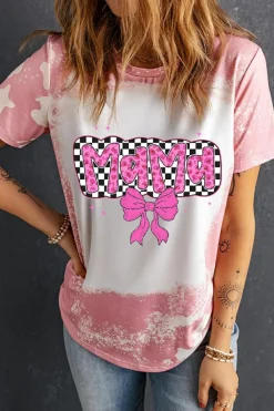 Best Dear-Lover Checkered Bow MAMA Graphic Tie-dye Tee Pink