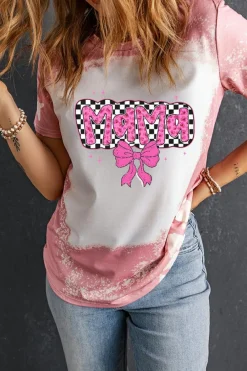 Best Dear-Lover Checkered Bow MAMA Graphic Tie-dye Tee Pink