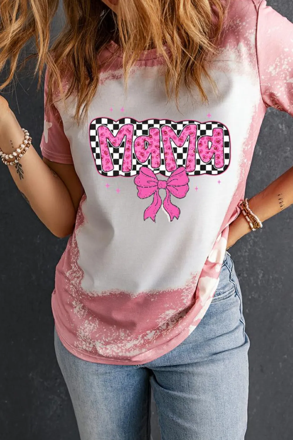 Best Dear-Lover Checkered Bow MAMA Graphic Tie-dye Tee Pink
