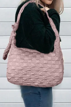 Clearance Dear-Lover Checkered Bubble Textured Zipped Large Tote Bag Pink
