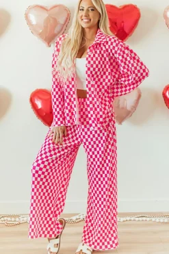 Sale Dear-Lover Checkered Buttoned Shirt and High Waist Pants Pajama Set Pink