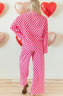 Sale Dear-Lover Checkered Buttoned Shirt and High Waist Pants Pajama Set Pink