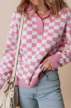 Fashion Dear-Lover Checkered Buttons Collar V Neck Drop Shoulder Sweater Pink